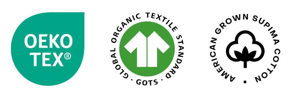 Logos of the Oeko Tex Standard 100, the Global Organic Textile Standard and the SUPIMA certification.